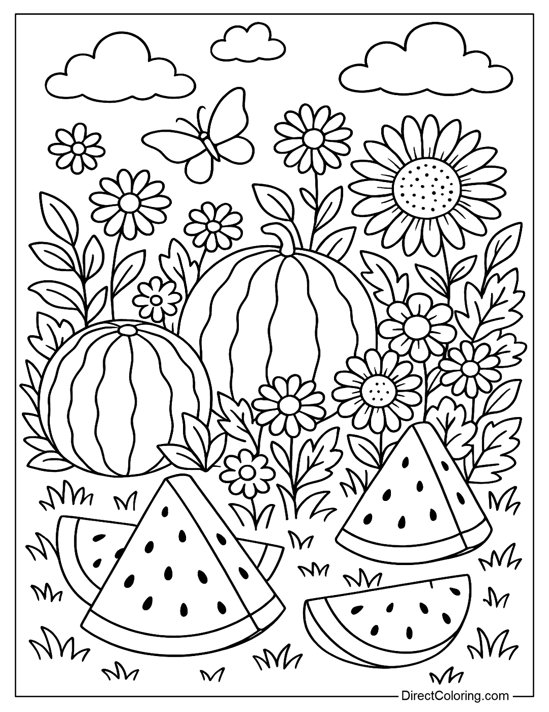 Coloring page with a watermelon garden with watermelons nestled among blooming flower beds